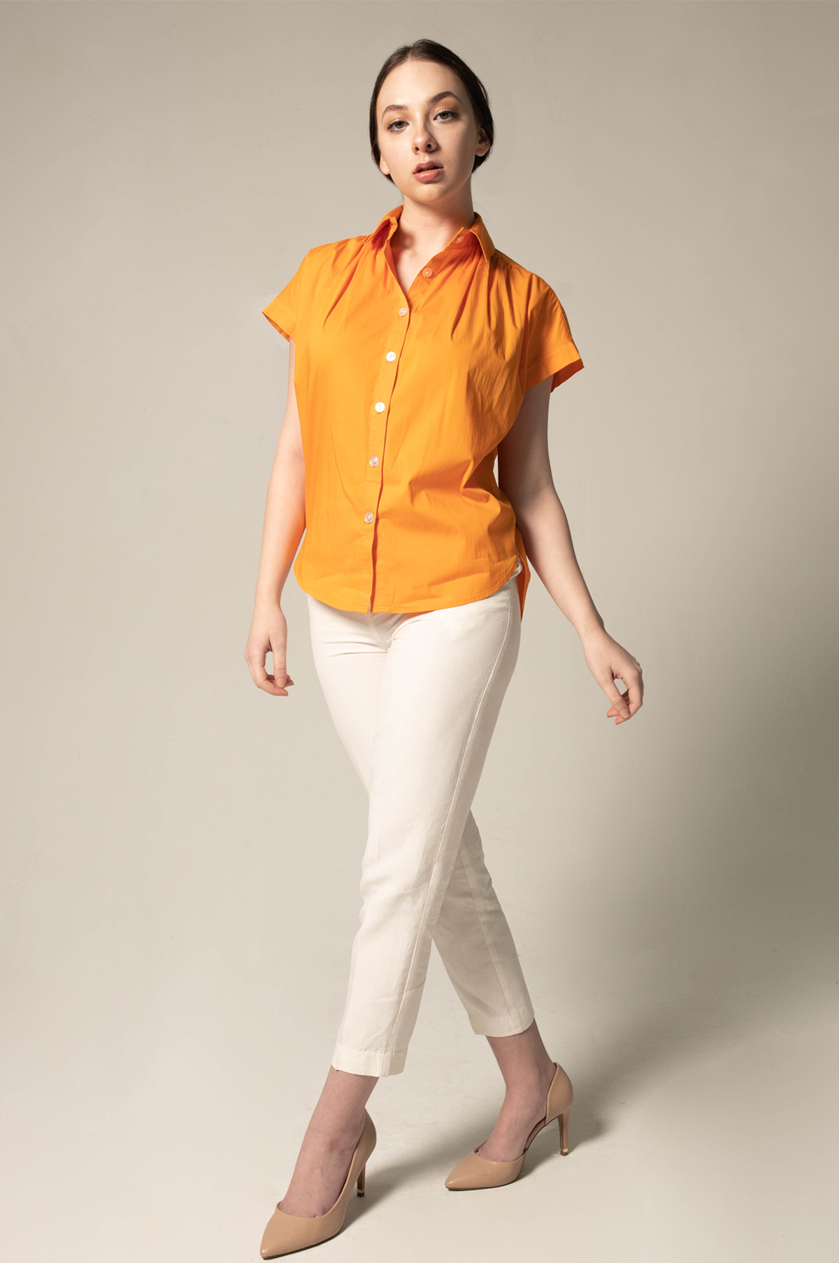 Women's Gather Collar Shirt in Orange