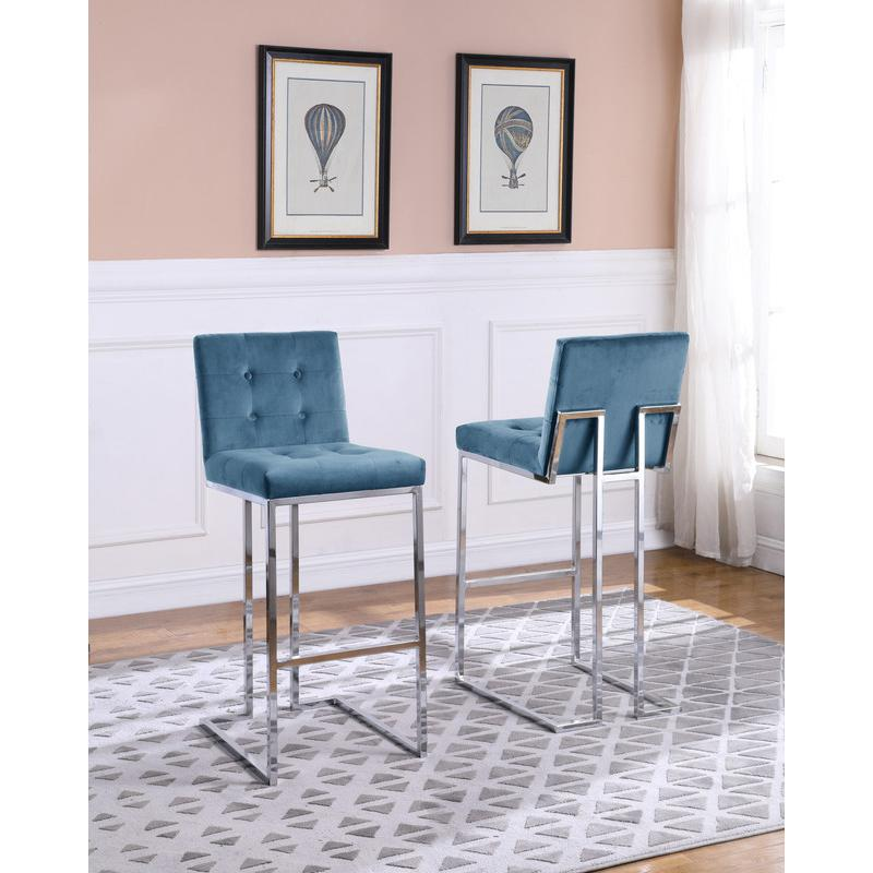 27" Tufted Velvet Upholstered Bar Stool in Teal Blue (Set of 2)