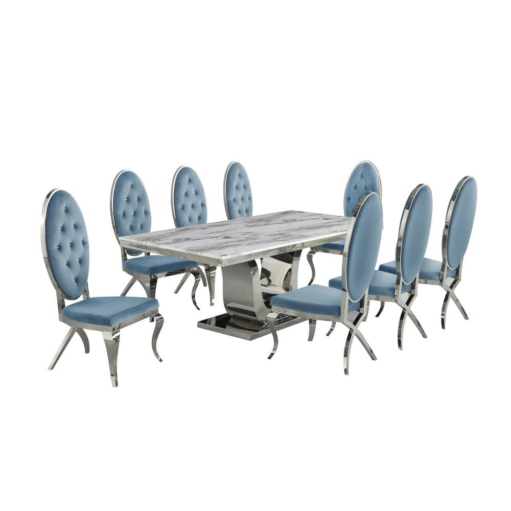 White Marble 9pc Set Tufted Faux Crystal Chairs in Teal Velvet