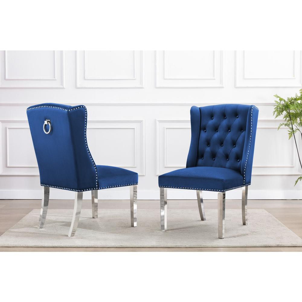 Stainless Steel 5 Piece Dining Set, Velvet Chairs - Navy Color 707