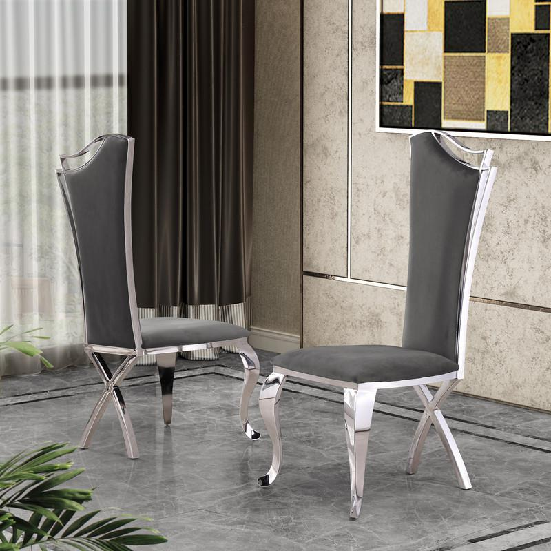 7-Piece Dining Set with Stainless Steel-Legged Dining Chairs in Grey