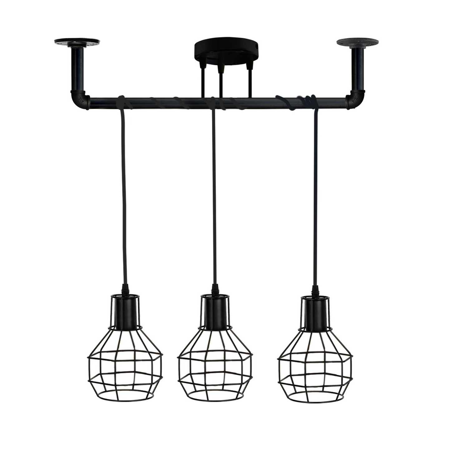 Industrial Modern Ceiling Black Pipe  3 head Metal Retro Loft Pendant vase cage ~3604