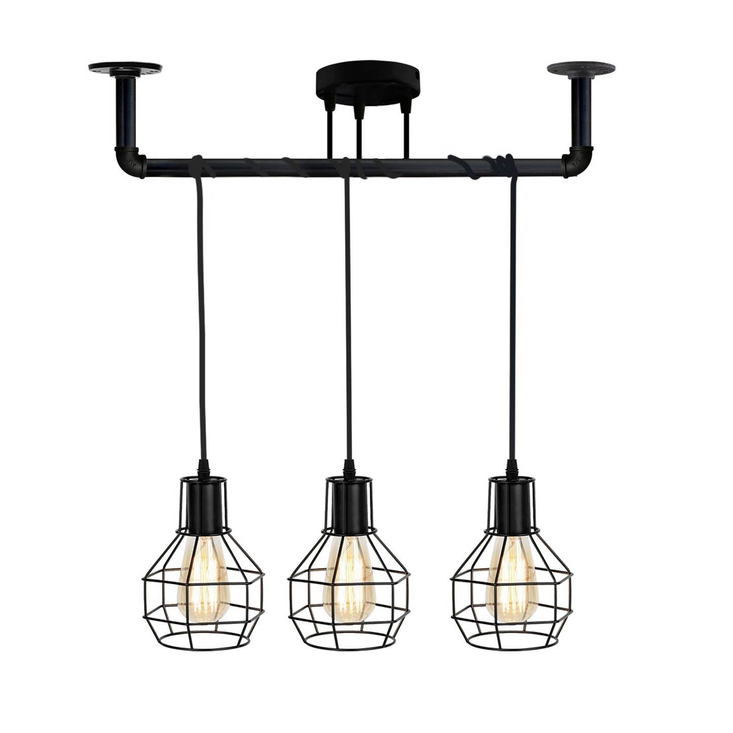 Industrial Modern Ceiling Black Pipe  3 head Metal Retro Loft Pendant vase cage ~3604