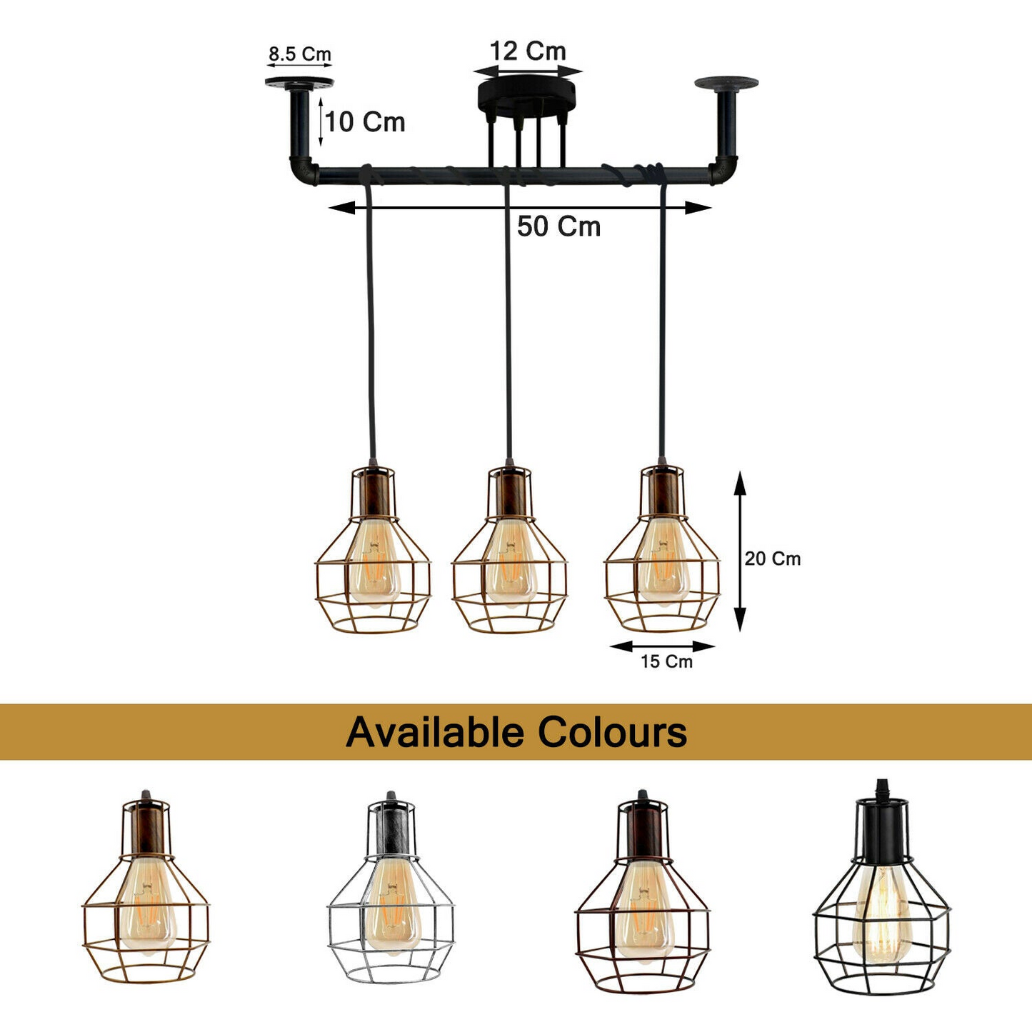 Industrial Modern Ceiling Black Pipe  3 head Metal Retro Loft Pendant vase cage ~3604